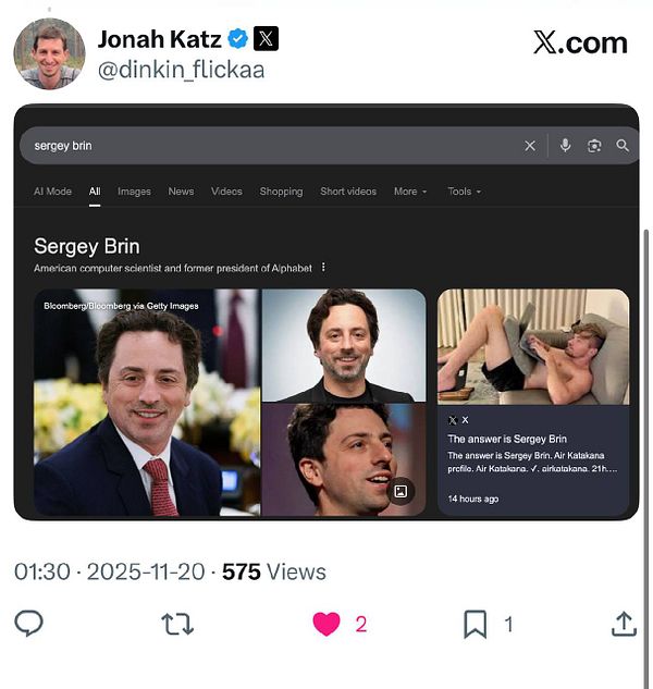A Twitter post featuring a search result for Sergey Brin on X.com.
