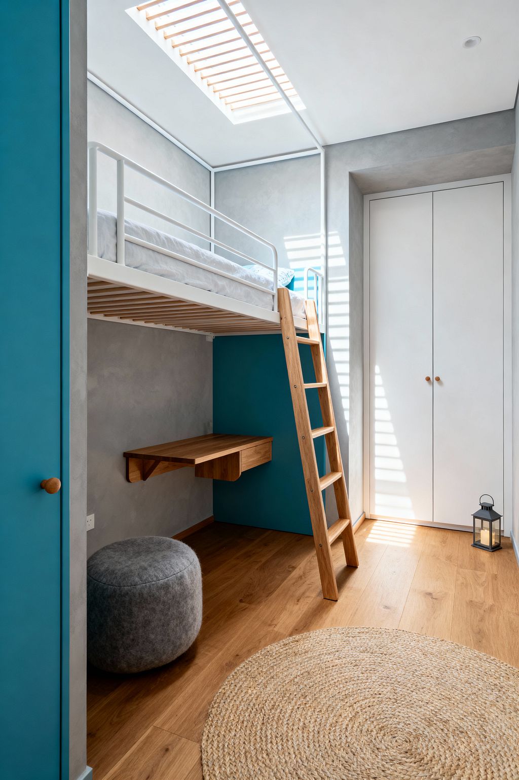 A minimalist kids’ room with a white loft bed and guardrail accessed by a natural oak ladder. Beneath the bed is a floating oak desk against a teal accent panel, with smooth gray plaster walls, oak flooring, a round jute rug, and a gray felt pouf; daylight streams from a skylight with timber slats, casting stripes across a white built-in wardrobe with wooden knobs and a small black lantern near the door.