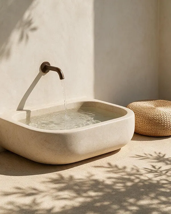 A serene outdoor corner features a sculptural cream stone basin with gently rounded edges, filled by a bronze wall-mounted spout. Warm sunlight casts soft plant shadows across the pale stucco wall and sandy floor, while a woven round pouf adds natural texture beside the basin.