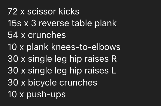 A list of no-equipment workout exercises with repetitions and durations.