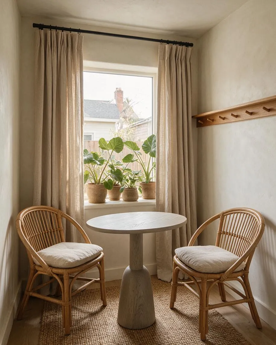 A small sunroom nook with two curved rattan chairs and pale seat cushions facing a round pedestal table with a light wood finish. Linen curtains frame a bright window with potted green plants, while a woven natural fiber rug and a simple wood coat rack complete the warm, earthy space.