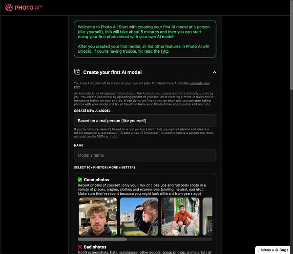 The image displays a user interface for creating an AI model on the Photo AI platform.