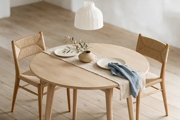 A Scandinavian-style dining vignette with a round light oak table, two woven cane chairs, and a pale linen runner. Simple white plates, a small ceramic vase with olive branches, and a soft blue napkin create a calm, minimal setting beneath a white pendant light.