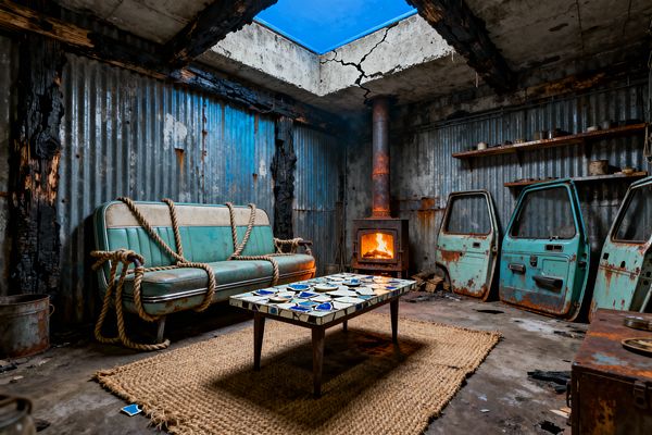 A post-apocalyptic living room made from corrugated metal walls and a cracked concrete ceiling with an open skylight. A wood-burning stove glows beside rusted teal car doors, while a seafoam car bench sofa tied with thick rope faces a mosaic coffee table of broken blue and white tiles on a jute rug. Charred beams, scattered cans on wall shelves, and a stained concrete floor complete the rugged, salvaged aesthetic.
