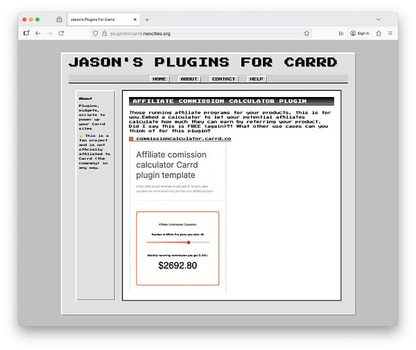 The image displays a Neocities website dedicated to Carrd plugins, featuring an affiliate commission calculator plugin.