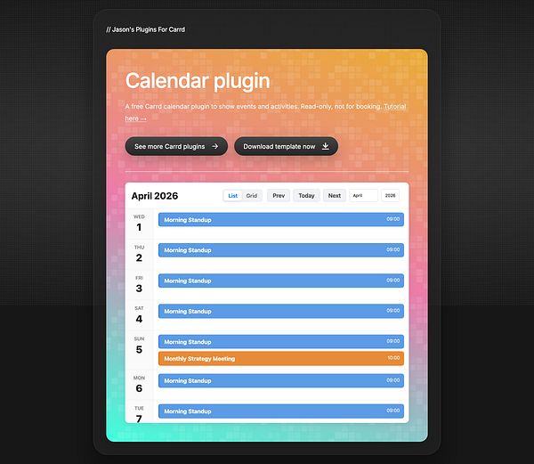 Screenshot of a calendar plugin interface built for Carrd showing a calendar view with June 2023 selected and event details in a sidebar.
