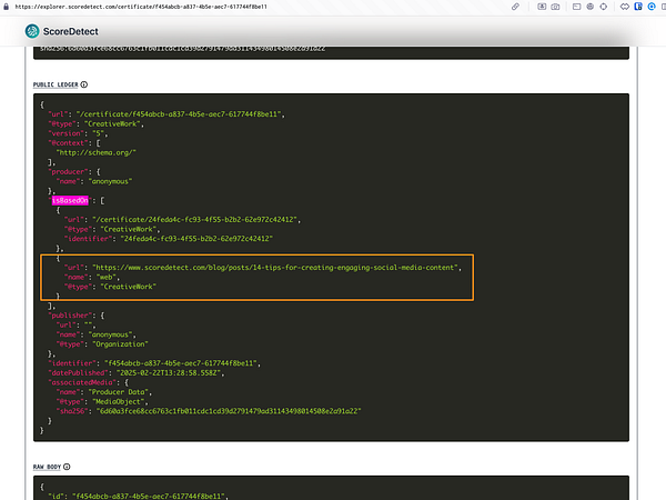 The image displays a technical interface showing a JSON structure related to a blockchain certificate.