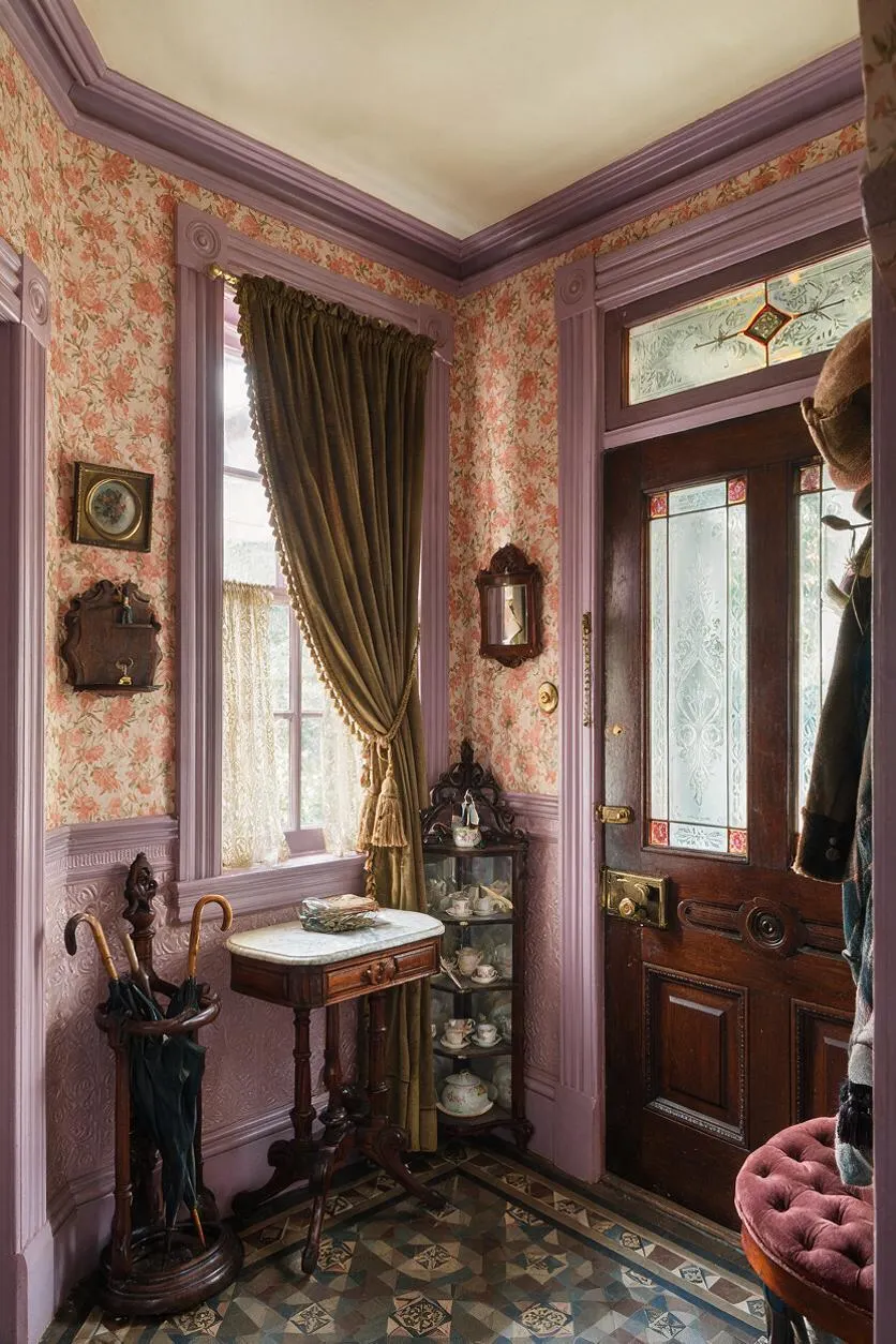 A compact Victorian entryway with floral wallpaper, lavender trim, and a dark wood front door with frosted glass panels and small colored accents. The space includes a marble-topped pedestal table, a tall draped window, an umbrella stand, and a glass-front cabinet with teacups, all over a patterned tiled floor.