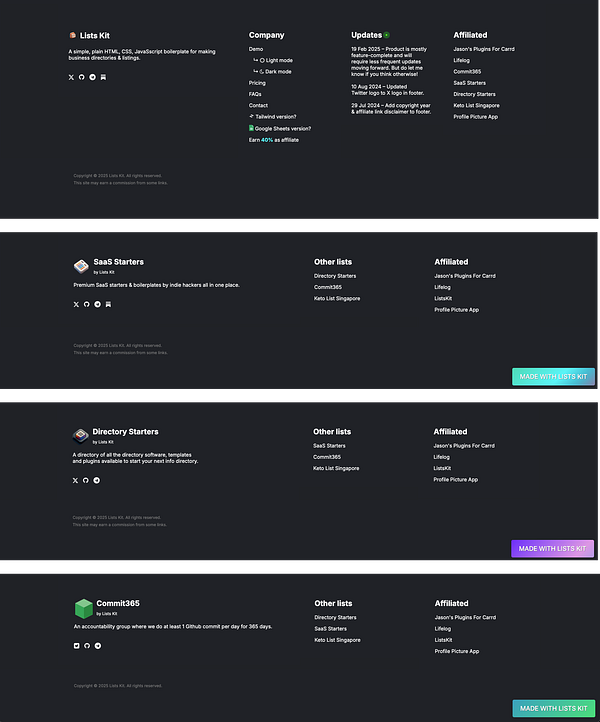 The image displays the footer section of the ListsKit homepage, showcasing various product listings and affiliate links.