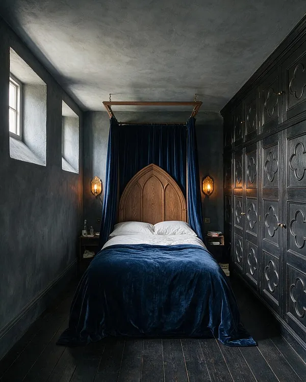 A narrow basement bedroom with dark painted walls, a pointed wooden headboard framed by deep blue velvet curtains, and a bed covered in a matching blue velvet throw. Small high windows bring in soft daylight, while warm wall sconces and ornate black cabinetry with carved panels create a dramatic Gothic atmosphere.