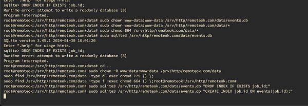 A terminal window displaying commands and error messages related to a corrupted database index.