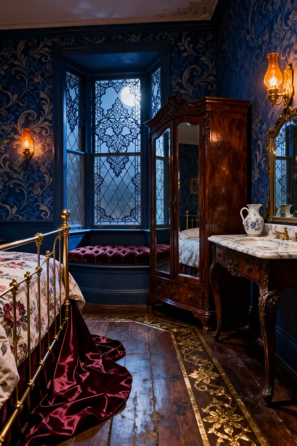 A richly decorated Victorian bedroom features navy damask walls, a brass bed with floral bedding, and a mahogany armoire with a mirrored door. A bay window with leaded panes and lace panels frames a tufted burgundy velvet seat, while an ornate marble-topped washstand, gilded mirror, amber glass sconces, and dark hardwood floors with a gilt floral border complete the scene under moonlight.
