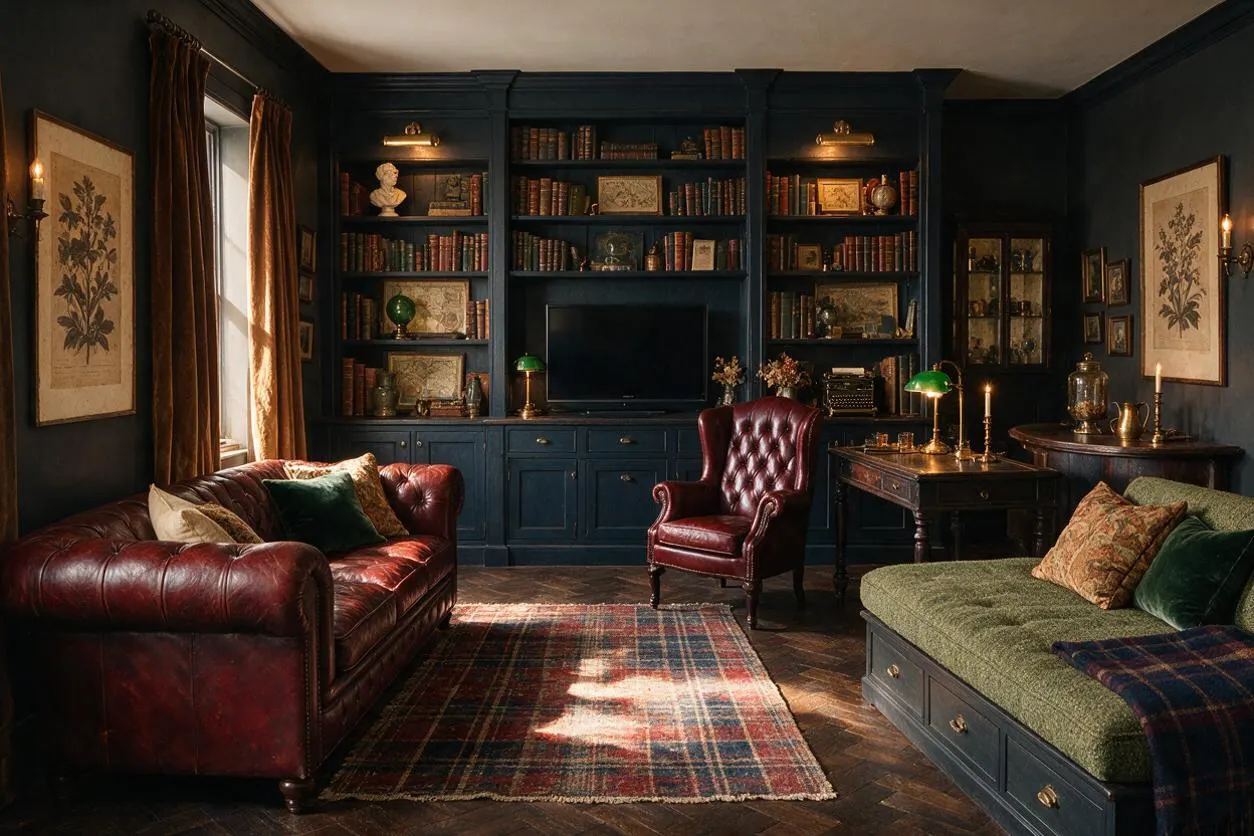 A moody media room with dark blue built-in bookshelves framing a television, filled with old books and decorative objects. The room features a burgundy leather sofa and armchair, a green upholstered daybed, plaid rug, brass lamps, framed botanical art, and warm daylight filtering through heavy curtains.