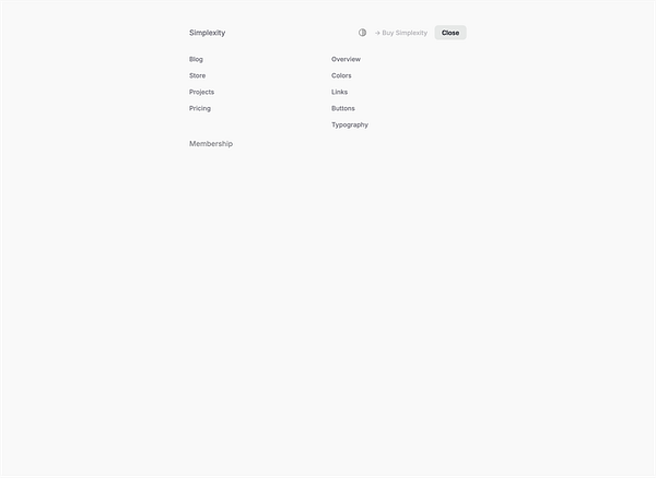 The image displays a user interface for the 'Simplexity' theme with various navigation options.