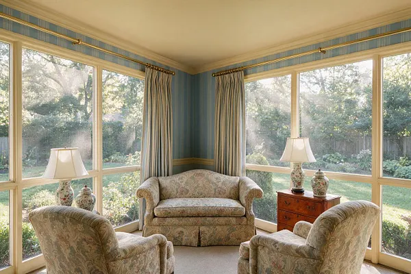 A traditional sunroom with large wraparound windows, blue striped walls, and cream trim overlooking a leafy backyard. Three upholstered floral chairs and loveseat are arranged around matching lamps and a small wooden side table, creating a bright, formal sitting area.