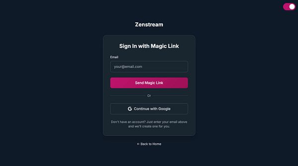 The image displays a login interface for Zenstream, featuring options for signing in with a magic link or Google.