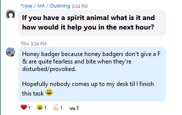 A chat conversation discussing spirit animals in a coworking Zoom setting.