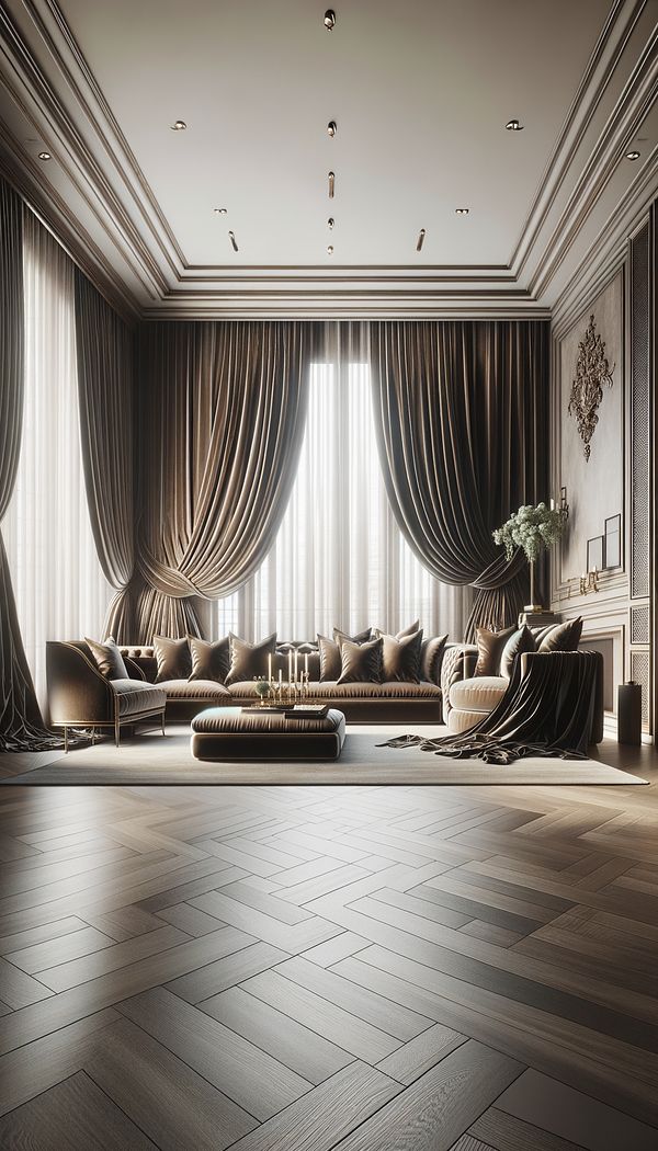 A luxurious living room with floor-to-ceiling drapery in rich velvet fabric, providing a sophisticated backdrop to the space.