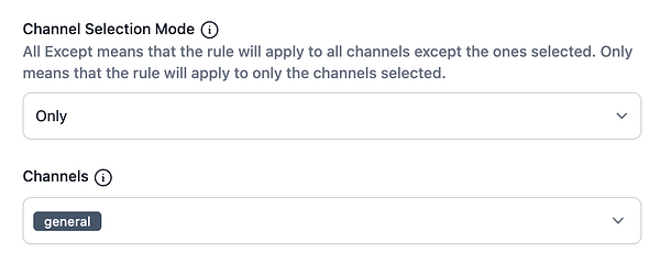 The image displays a user interface for a 'Channel Selection Mode' feature with dropdown options for customizing channel rules.