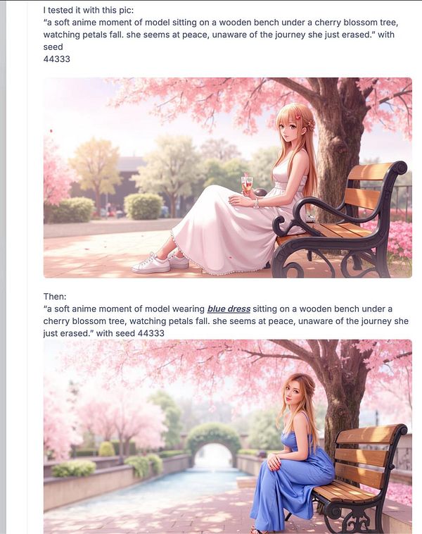 The image features two anime-style illustrations of a model sitting on a wooden bench under cherry blossom trees, each wearing different dresses.