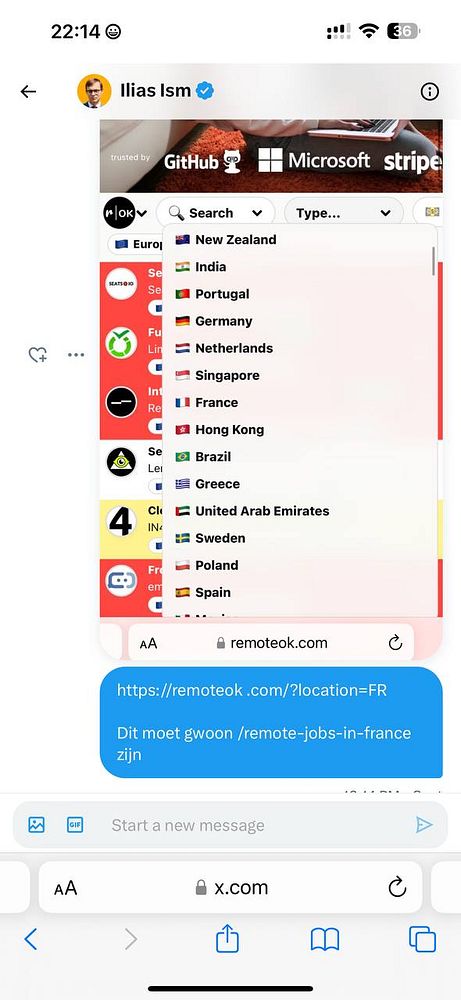 The image displays a mobile interface showing a country selection dropdown and a URL suggestion for remote jobs.