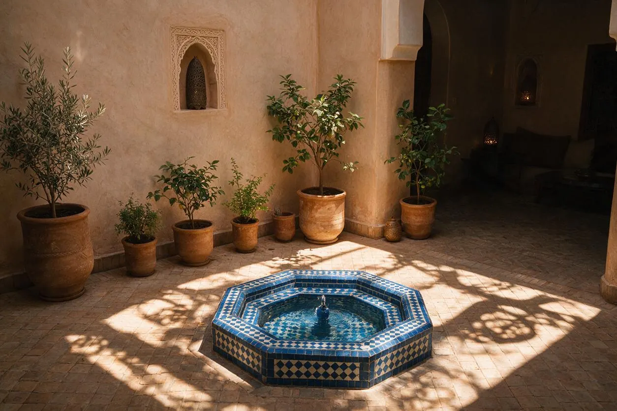 A sunlit Moroccan-style courtyard with beige plaster walls, terracotta potted trees and shrubs, and a small octagonal fountain covered in blue-and-white zellige tile at the center. Dappled shadows fall across the warm tiled floor, while a shaded archway opens into a darker seating area in the background.