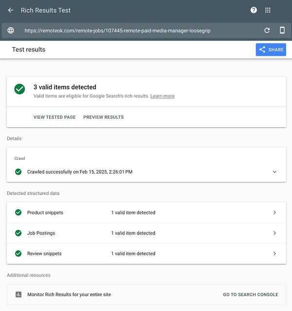 The image displays the results of a Rich Results Test for a job listing page.