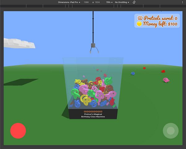 A colorful claw machine game interface featuring pretzel-shaped items.