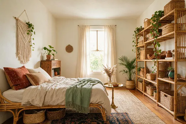 A cozy guest bedroom in bohemian style features a rattan bed with layered neutral bedding, rust and beige accent pillows, and a sage green throw. Woven wall art, potted plants, a carved wood cabinet, and open rattan shelving with baskets and decor create a relaxed, natural feel. Soft daylight filters through sheer curtains.