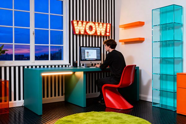 A home office with a black-and-white vertical striped wall features a teal desk with an under-mount light, where a person sits at a computer on a glossy red S-shaped chair. Above the desk hangs a red “WOW!” marquee sign; to the right are two orange floating shelves, an aqua-tinted glass shelving tower, and an orange cabinet, with black coin rubber flooring and a round lime rug beneath a large window showing a blue sunset sky.