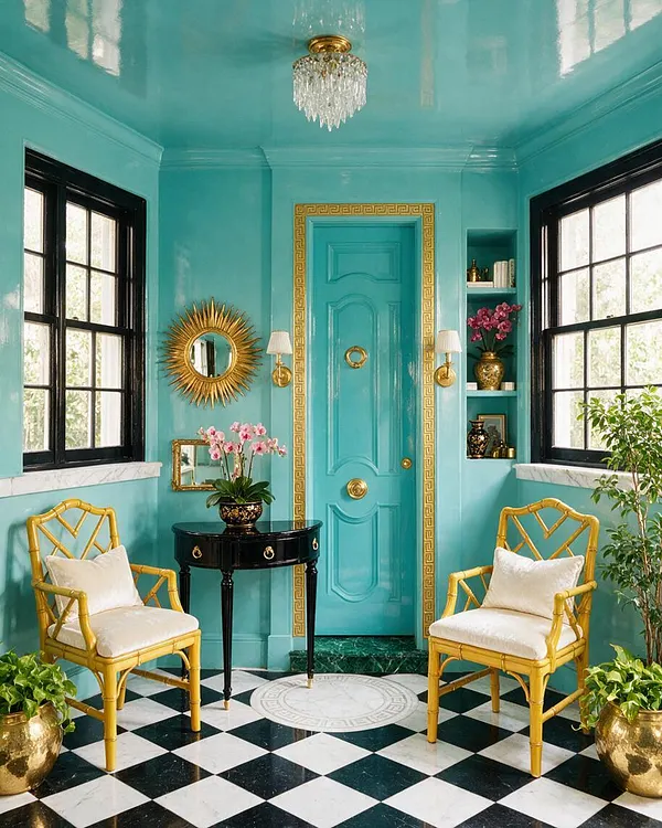 A glamorous front porch features glossy turquoise walls, ceiling, and door accented with gold trim and hardware. Black-framed windows, a black-and-white checkerboard floor, bamboo-style chairs with cream cushions, and a small black side table create a polished Hollywood Regency look.