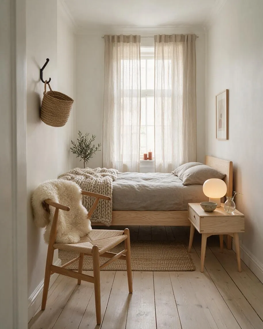 A narrow Scandinavian-style guest bedroom with a light wood bed, sheer beige curtains, white walls, and pale wood plank flooring. The room is layered with natural textures including a woven rug, chunky knit throw, rattan chair, wicker wall basket, and a soft glowing bedside lamp.