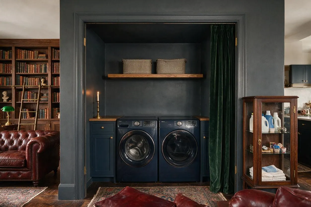 A dark, moody laundry room nook with navy front-load washer and dryer tucked into a charcoal-painted alcove. A wooden shelf with woven baskets sits above the machines, with a brass candlestick on the counter and a dark green velvet curtain to one side.