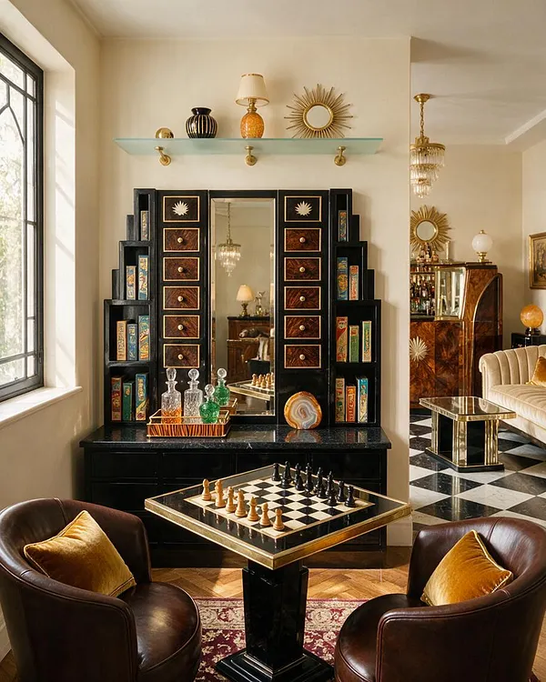 A luxurious Art Deco game room with a black-and-gold chess table centered between two brown leather club chairs with gold pillows. Behind it stands a dramatic black mirrored cabinet with drawers and built-in shelves holding decorative objects and board games, topped by a glass shelf and sunburst accents. The room features cream walls, a window with black trim, a checkerboard floor visible in the adjoining space, and polished metallic details throughout.