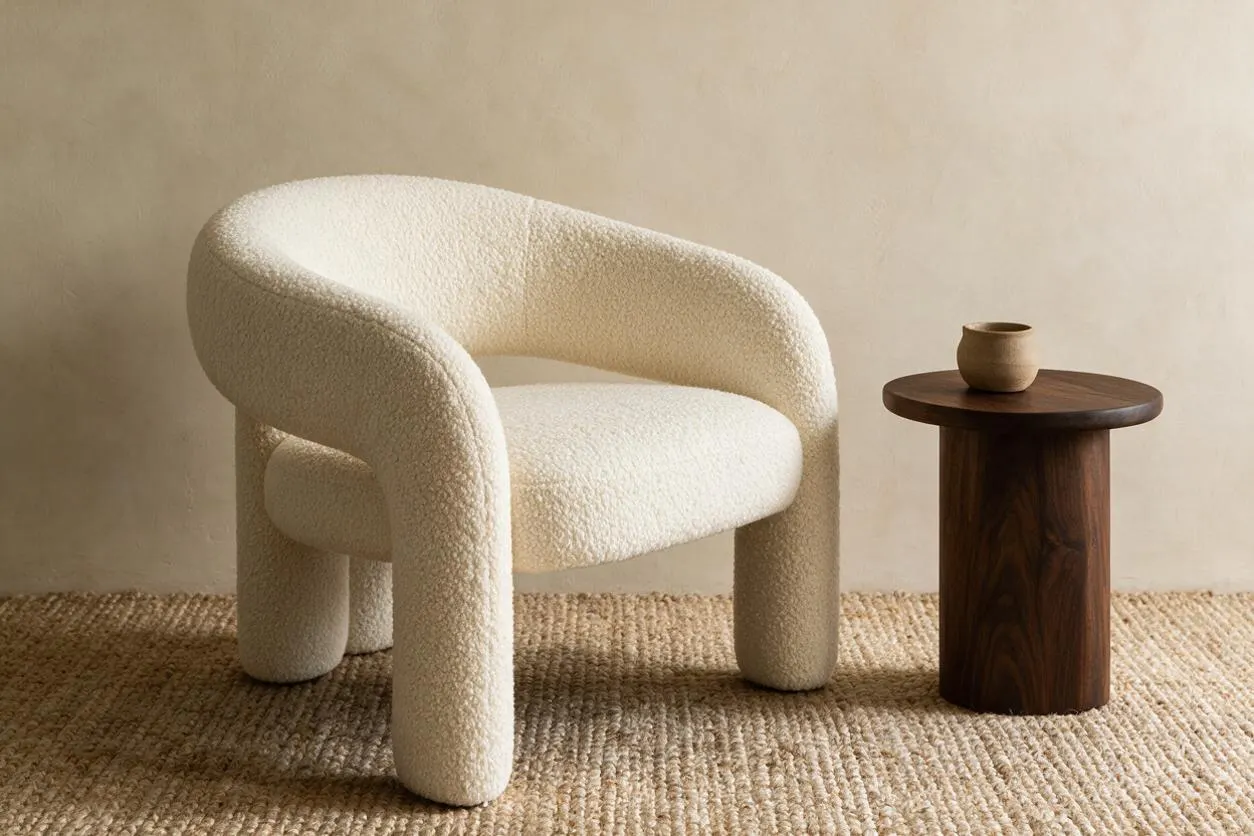 A sculptural cream bouclé lounge chair with a rounded tubular frame sits on a woven natural rug beside a small dark wood pedestal side table. The setting uses a soft beige wall and warm neutral tones for a calm Organic Modern look.