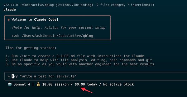 The image displays a terminal interface for a coding assistant named Claude Code, showing a welcome message and usage instructions.