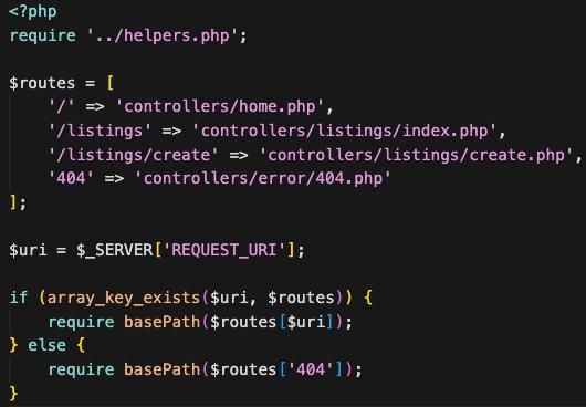 A PHP code snippet for a simple routing system.