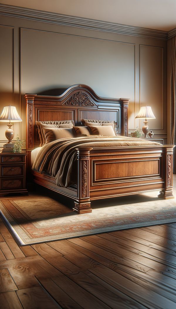 A traditional wooden bed frame with a matching high footboard and headboard, dressed with plush bedding and situated in a warmly lit bedroom.