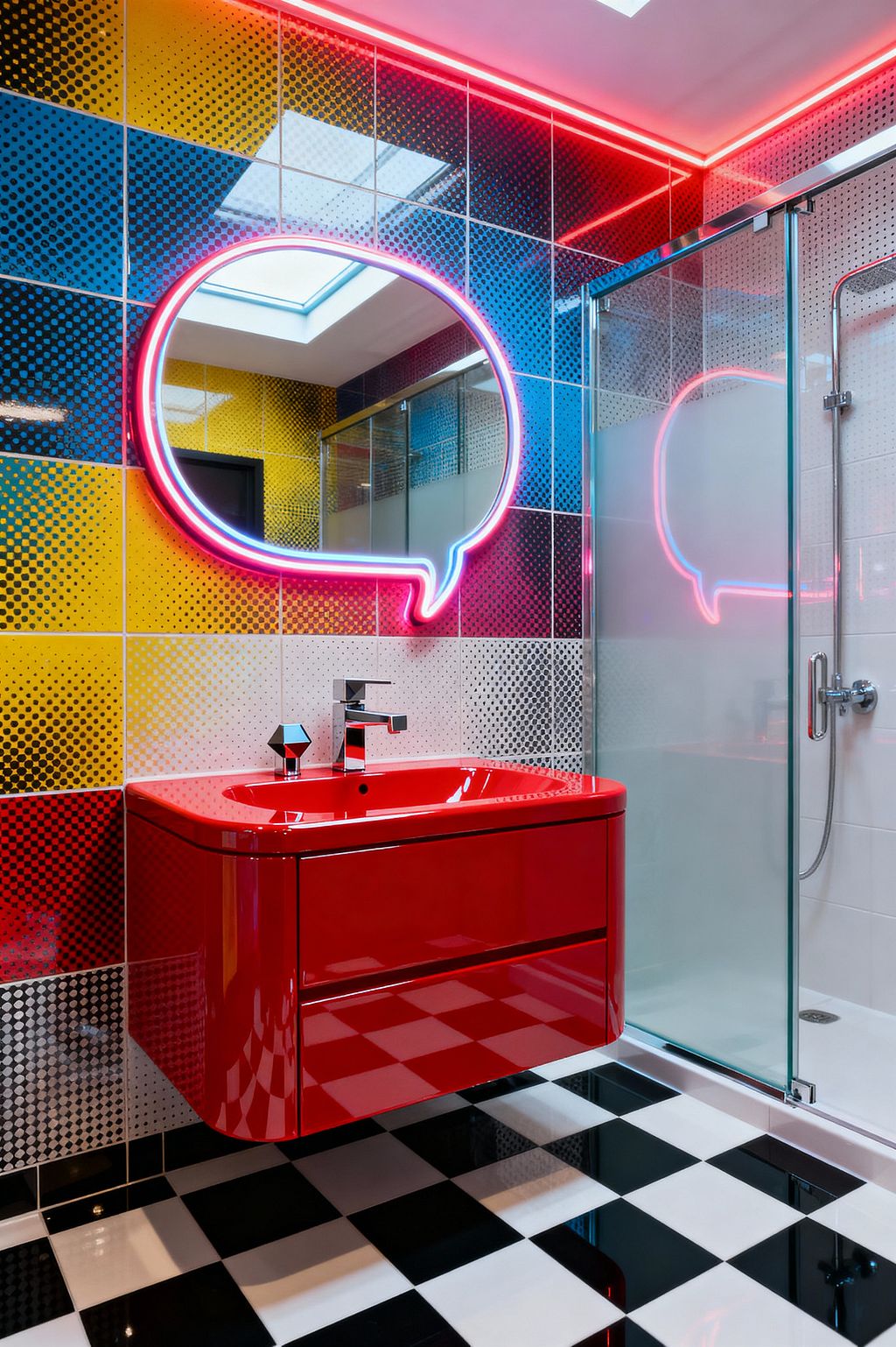 A Pop Art bathroom features primary-colored halftone wall tiles, a floating glossy red vanity with integrated sink and an angular chrome faucet, and a neon speech-bubble mirror that casts pink and blue light. A black-and-white checkered floor leads to a clear glass shower with chrome fittings and white tile walls, while a perimeter LED strip and a skylight brighten the compact space.
