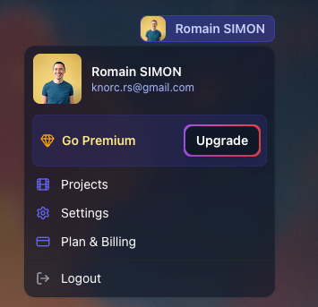 The image displays a user interface dropdown menu featuring a user profile and various options.
