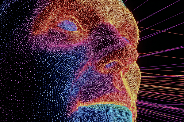 A stylized, abstract representation of a human face created with vibrant, colorful lines and dots.