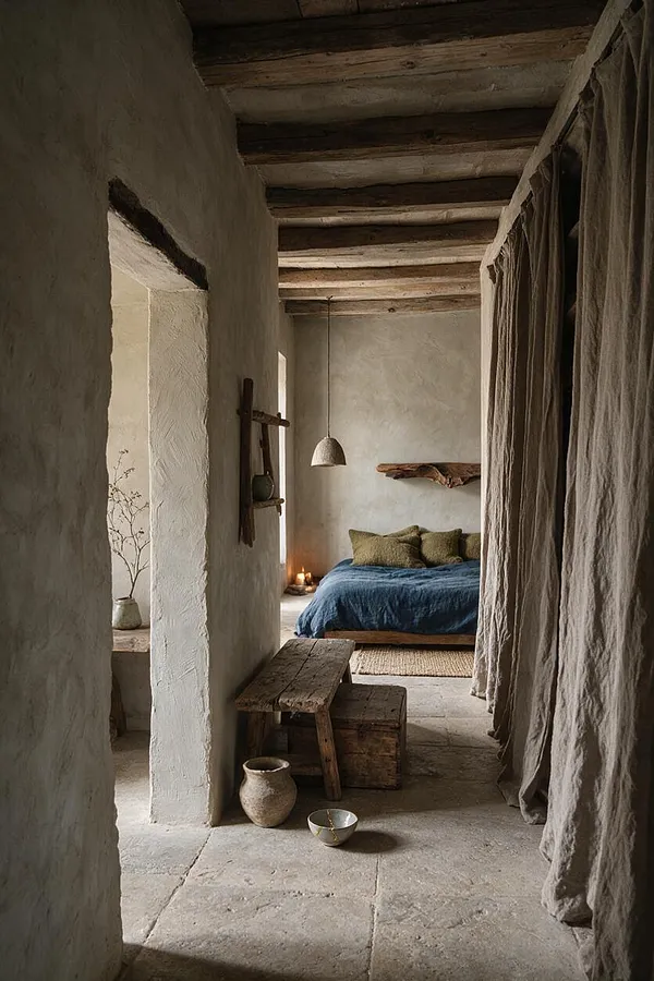A narrow studio apartment interior with rough plaster walls, exposed wooden ceiling beams, and stone flooring. A low bed with a blue cover and olive pillows sits at the back, softened by linen curtains, rustic wood furniture, ceramic vessels, and warm candlelight.