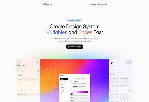 The image showcases the Kigen landing page, highlighting its features for creating design systems quickly.