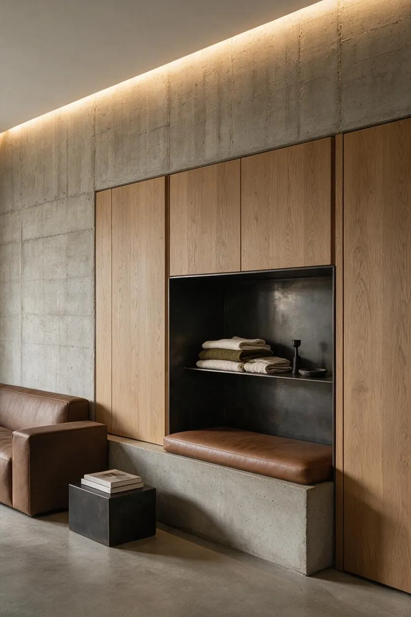 A minimalist closet wall combines raw concrete panels with vertical oak cabinetry and a recessed black display niche. A brown leather bench sits below the niche, with matching leather seating and a small black side table in front, all under a warm linear ceiling light.
