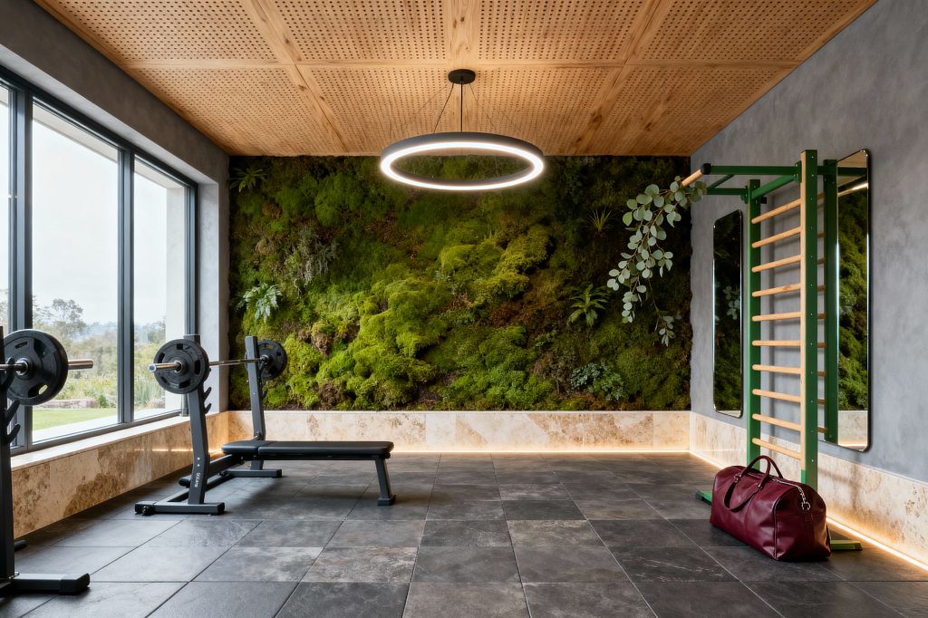 A contemporary home gym features a full-height window wall on the left, a bench press with barbell, and a lush moss living wall across the back. A light beige stone base with concealed LED strips wraps the perimeter. The ceiling is finished with perforated light wood panels and a circular ring pendant. Charcoal floor tiles ground the space. On the right, green stall bars with wooden rungs sit beside tall mirrors, with a burgundy duffel bag on the floor.