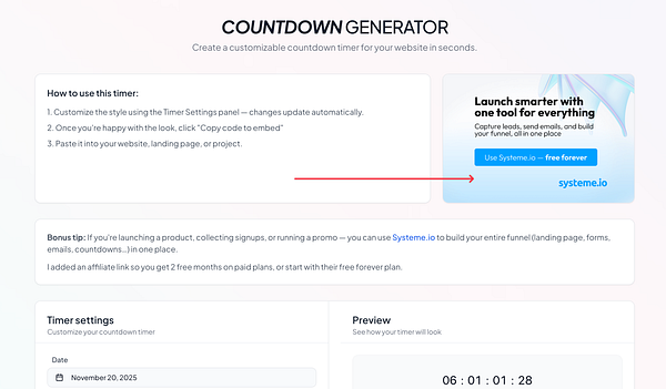 The image displays a countdown timer generator interface with instructions and an affiliate link for Systeme.io.