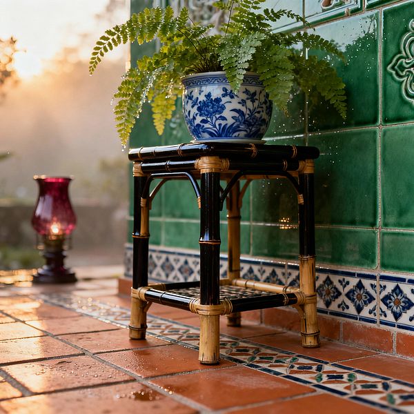 A small Victorian-inspired patio corner features glossy emerald-green wall tiles with raised motifs above a slim blue-and-white floral border. Terracotta floor tiles with patterned insets glisten with water. A black and natural bamboo stool holds a blue-and-white porcelain planter overflowing with a fern. To the left, a cranberry glass oil lamp glows in warm sunrise light, highlighting textures and rich colors.