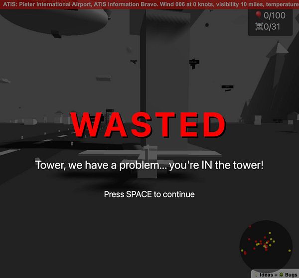 The image displays a humorous game over screen from a flight simulation game.