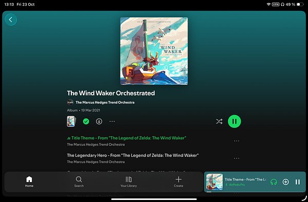 Spotify screen showing the album 'The Wind Waker Orchestrated' by The Marcus Hedges Trend Orchestra playing the track 'Title Theme - From The Legend of Zelda: The Wind Waker'.