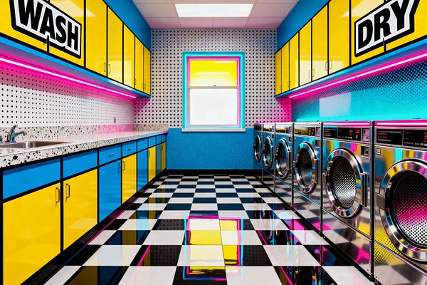 A narrow laundry room in bold Pop Art style features glossy yellow and cyan cabinets with black edging, terrazzo counters, and a stainless sink along the left wall, opposite a row of chrome front-loading machines. Black-and-white checkerboard tiles shine under pink LED under-cabinet lights, dotted wall panels, and a central window framed in neon hues, while oversized WASH and DRY graphics crown the upper cupboards beneath a white drop ceiling.